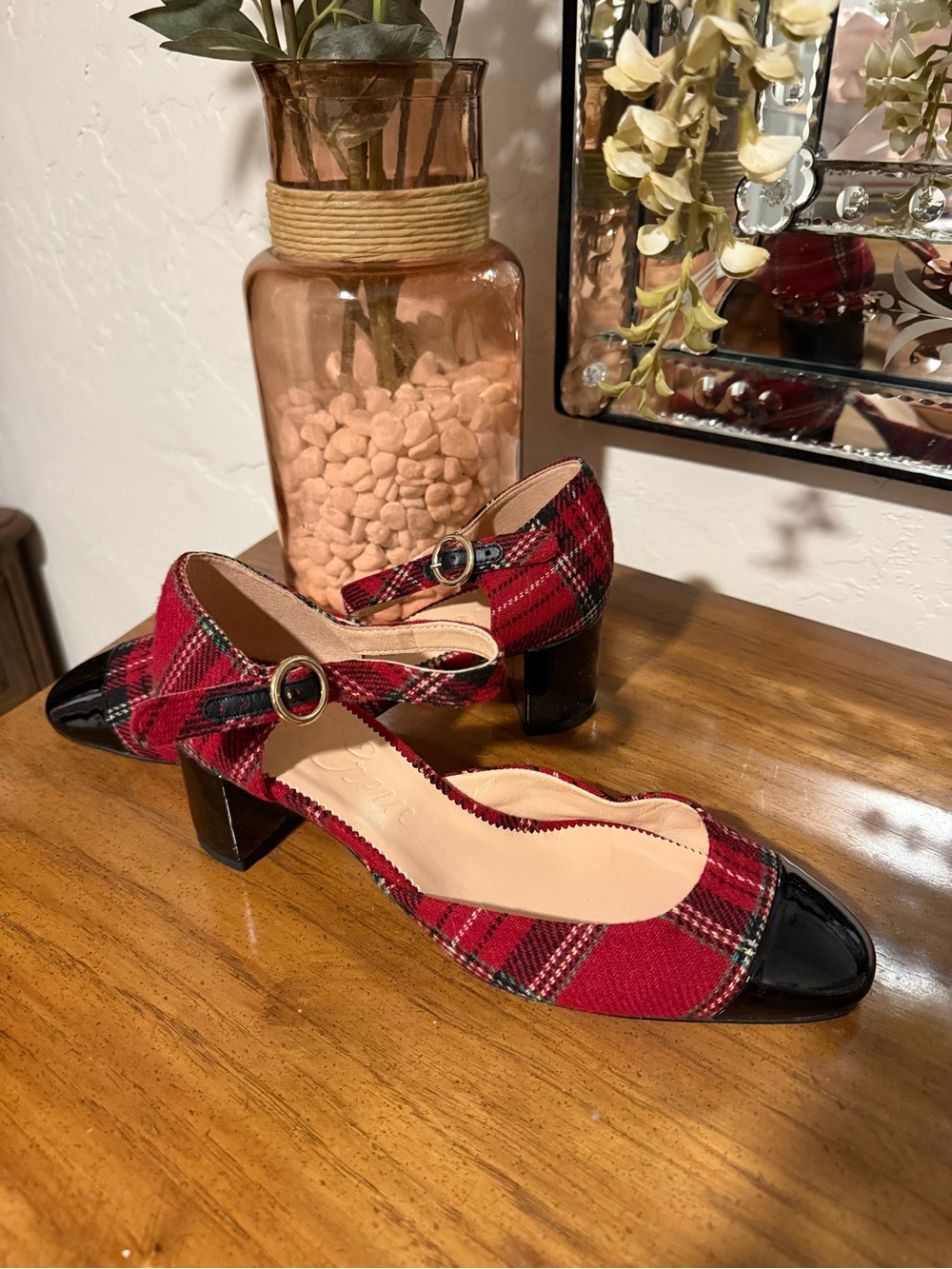 J. Crew Red Plaid Mary Jane Block Heel Pumps with Black Patent Cap Toe